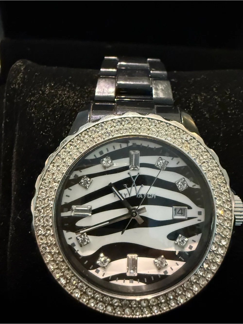 ToyWatch Women’s Black Zebra-Pattern Dial Crystal Bezel Watch